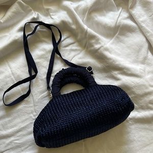 MERLETTE LUNE MINI KNITTED HALF MOON SHAPED BAG IN NAVY BLUE